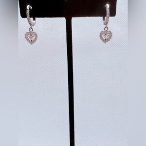 Vintage Retro Tiny Heart CZ Dangle Earrings CZ  Hinged Huggie Silver Plated 1”